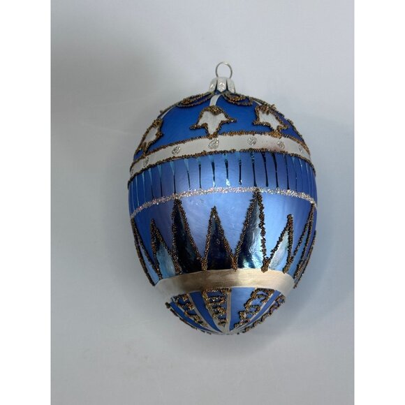 Handcrafted Blue Glass Ornament With Black & Silver Glitter Details 5" Holiday D - Picture 6 of 6